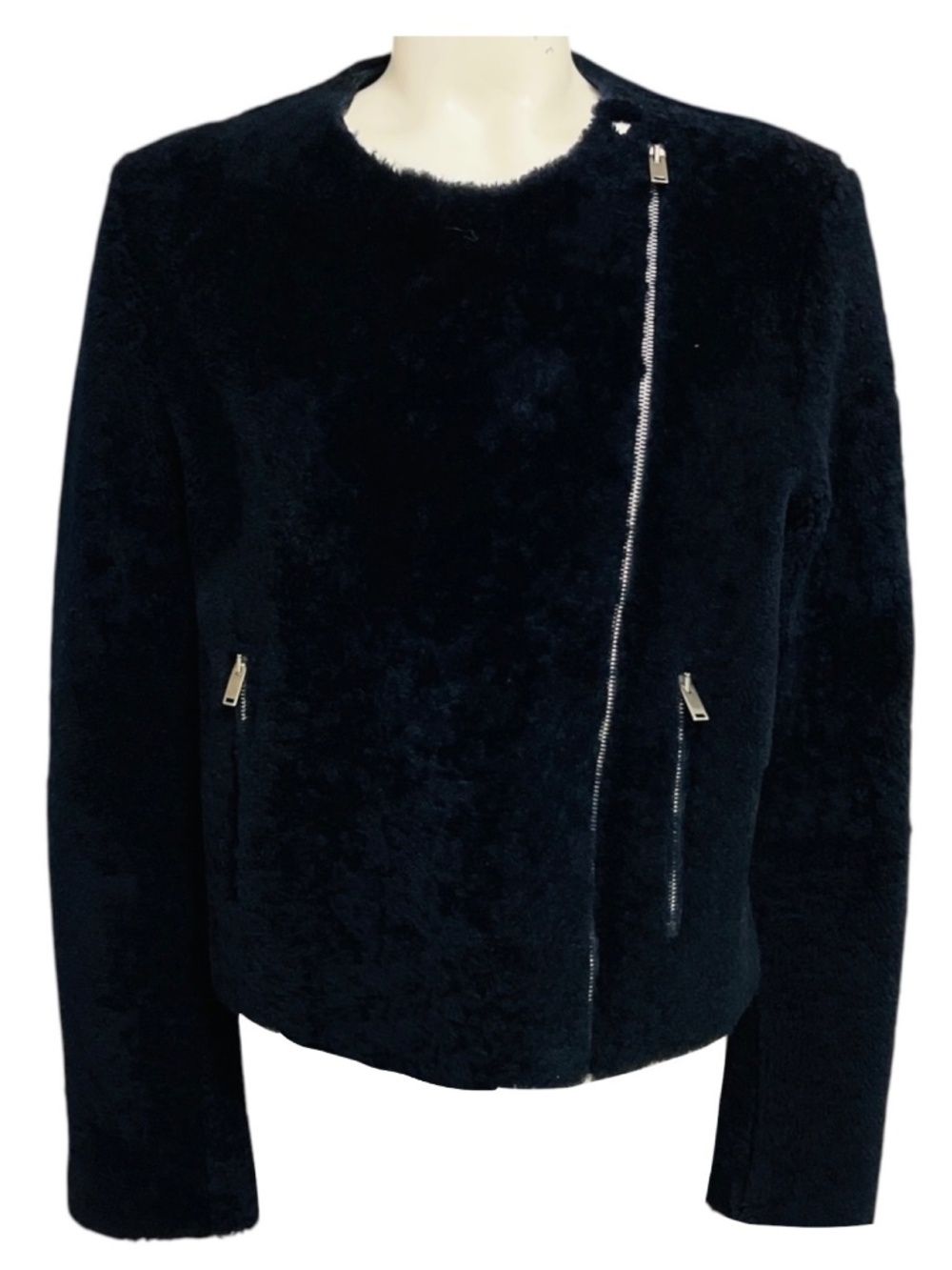 CELINE NAVY BLUE ZIP FRONT LAMBSKIN SHEARLING JACKET